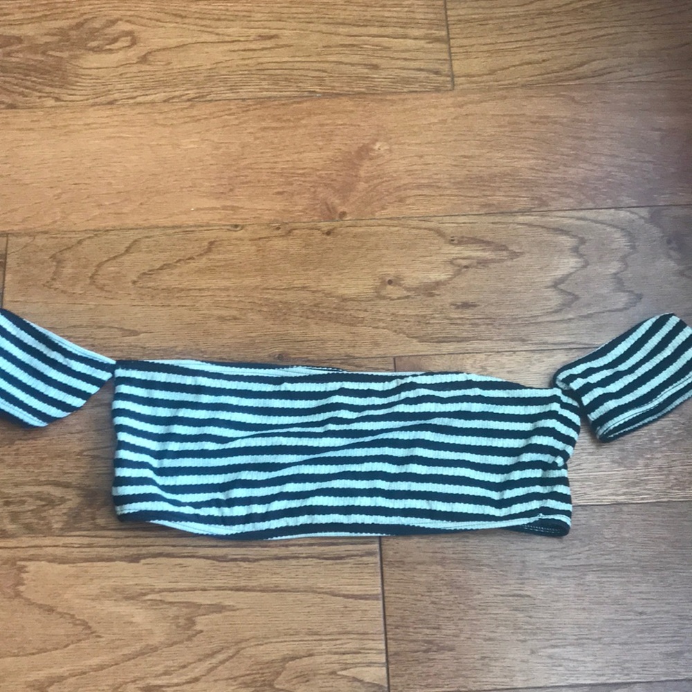 Billabong Black and White Striped Off-Shoulder Bikini Top